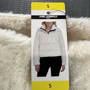 Karl Lagerfeld Womens Soft Faux Fur Jacket, Pockets Cream Small NWT